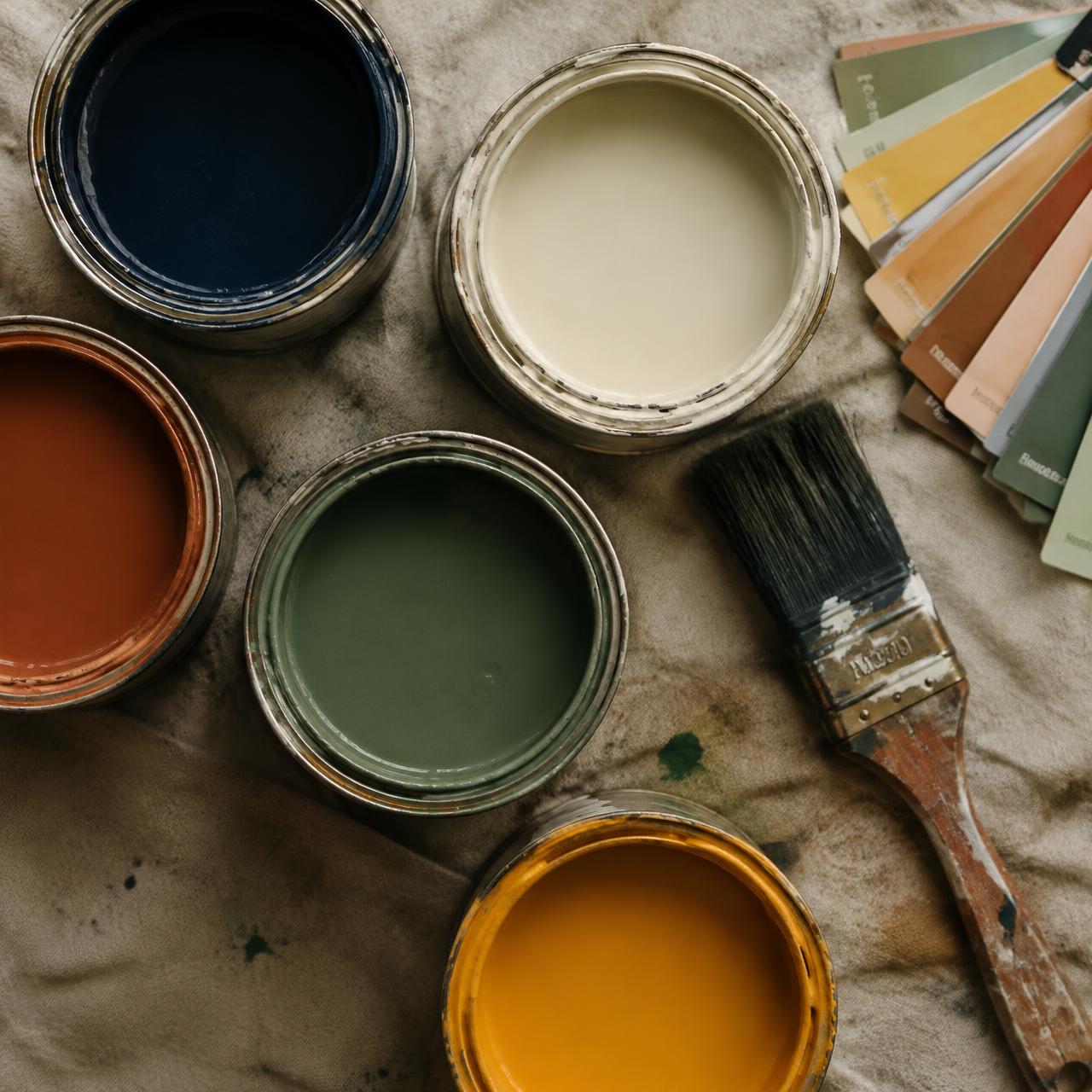 Open paint cans and a brush on a drop cloth